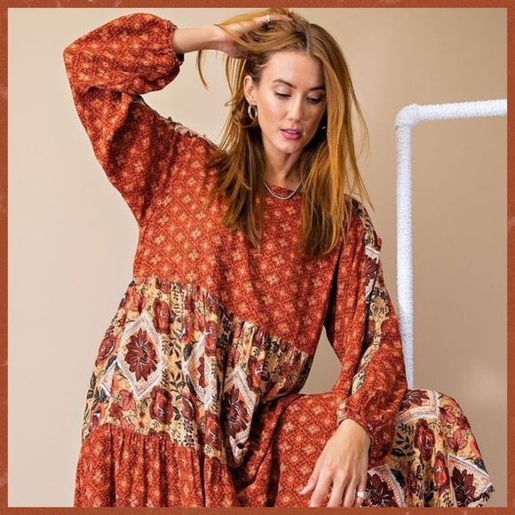 easel Dresses Easel Cottagecore Long Sleeve Mix Floral Print Maxi